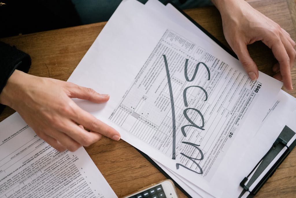 Un formulario fiscal con la palabra estafa escrita
